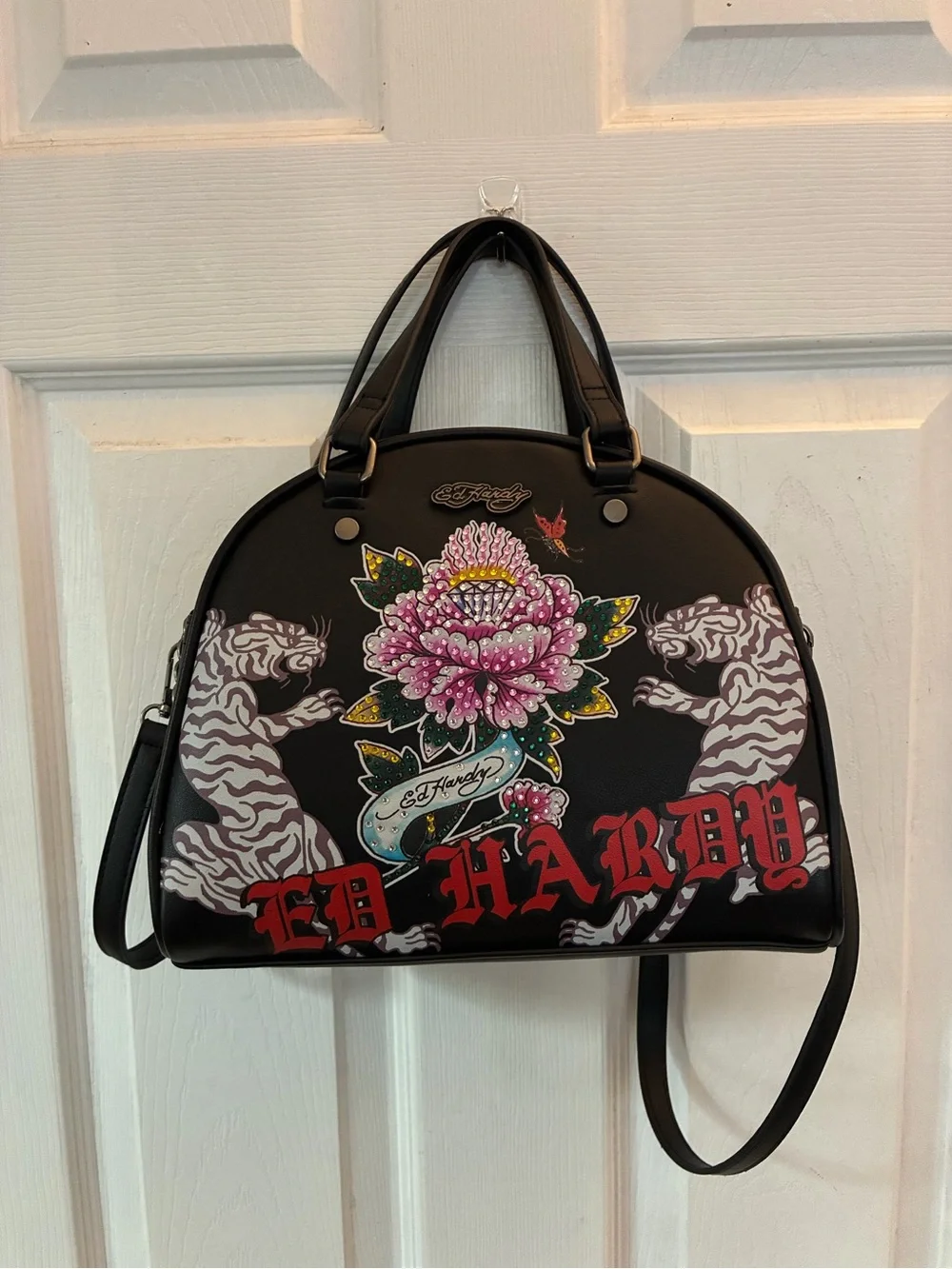 Ed Hardy Black Dome Satchel Tiger & Floral Tattoo Print Bowler Bag Y2K